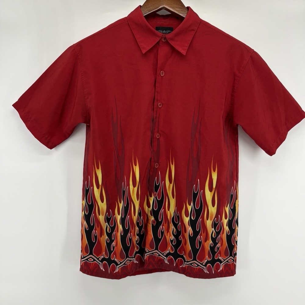 Vintage‎ Extreme Gear Shirt Youth Large (14-16) Red Flame Button Up Y2K Fire